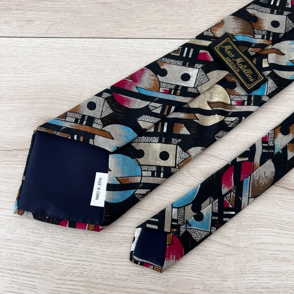 Vintage 80s Maco Matellini 100% Silk Abstract Geometric Print Necktie 55
